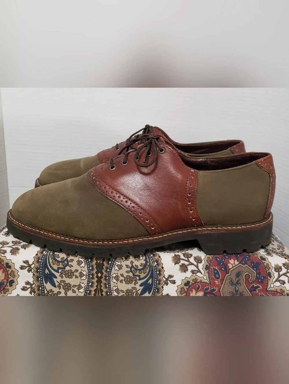 H.S.Trask Mens Loden Green Nubuck Brown Leather Saddle Oxford Shoes 11M